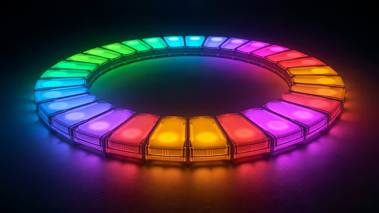 Receiving program, ring of RGB modules cycling gradient on dark tabletop, with pulsing emitters