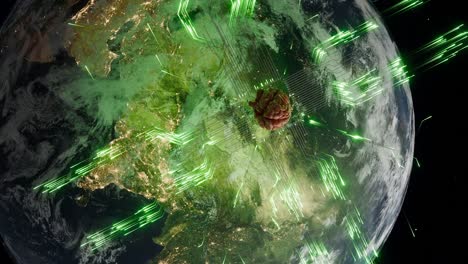 asia view from space with cyber lock and green digital connections. cybersecurity and information protection concept. global network security visualization for poster and wallpaper. vertical