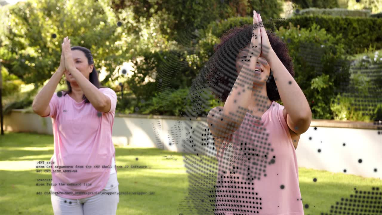 Front woman leading health stretch cue starting arm lift palms meeting overhead data overlay moving