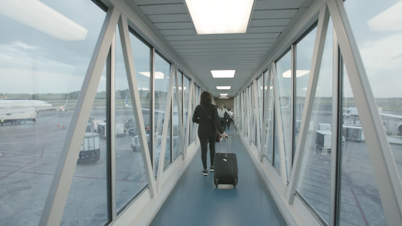imágenes en cámara lenta de una persona con una maleta con ruedas caminando por la pasarela hacia un avión