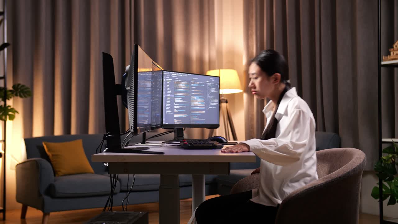 아시아 여성 프로그래머가 집에서 데스크 컴퓨터에서 앱, 프로그램, 비디오 게임을 개발하는 소프트웨어 엔지니어를 만드는 데 앉기 전에 작업 공간으로 걸어갑니다.