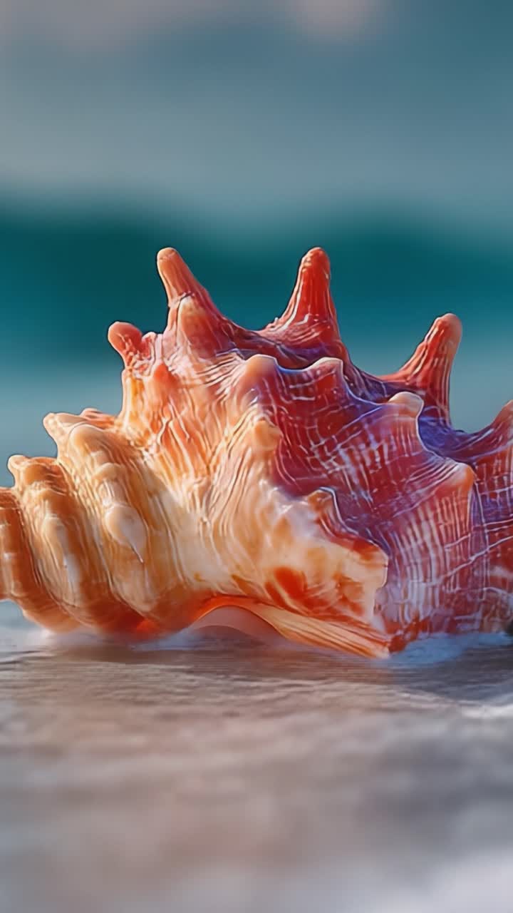 A Beautiful Close-Up of a Vibrant Shell on Sandy Shoreline Captured in Natural Light, Highlighting Its Intricate Patterns and Colors Against a Soft Ocean Background