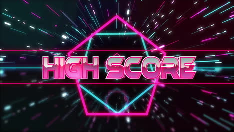 Animation-Eines-Highscore-Textes-In-Metallic-Pink-über-Neon-Sechsecken-Und-Lichtern-Auf-Schwarzem-Hintergrund