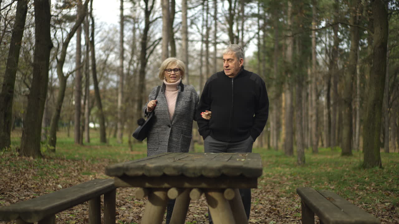 Elderly couple walking in the park during fall