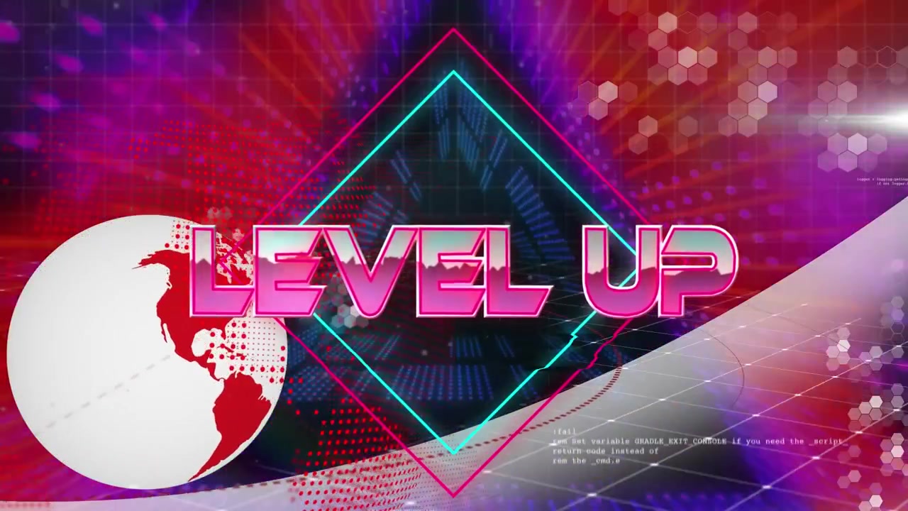 Animazione di "livello superiore" su uno spazio digitale con luci al neon, esagoni, triangoli e un globo.