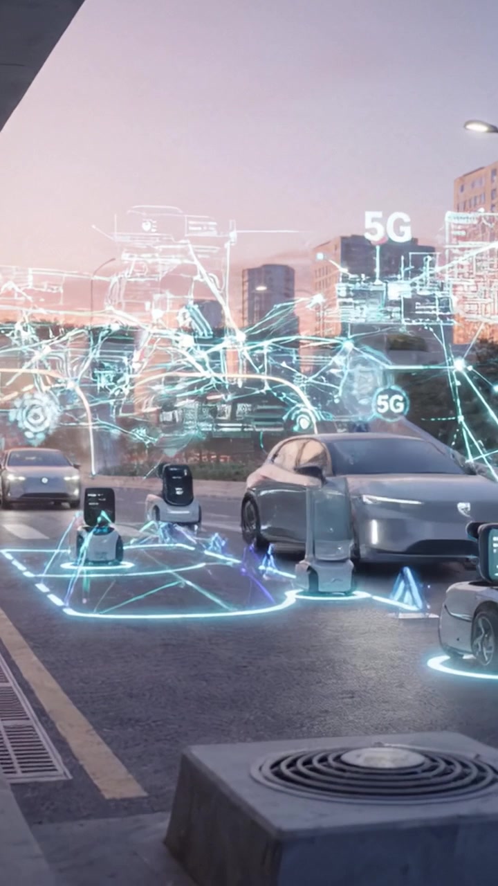 Futuristic cityscape showcases autonomous vehicles and smart technology, highlighting the integration of robotics, connectivity, and innovation in transportation.