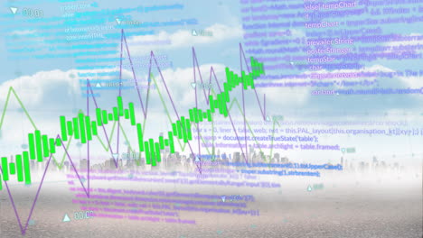 Animation-of-graphs-and-processing-data-over-bright-cloudy-cityscape