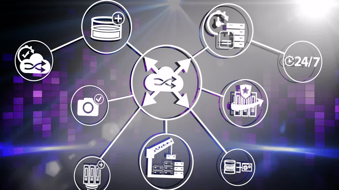 Animation of interconnected technology icons illustrating data management in school setting