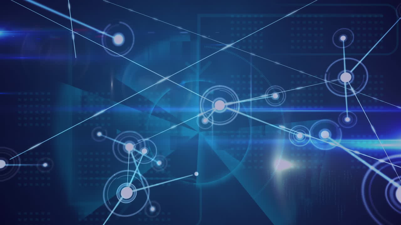 red de conexiones contra escáner redondo y senderos de luz en fondo azul