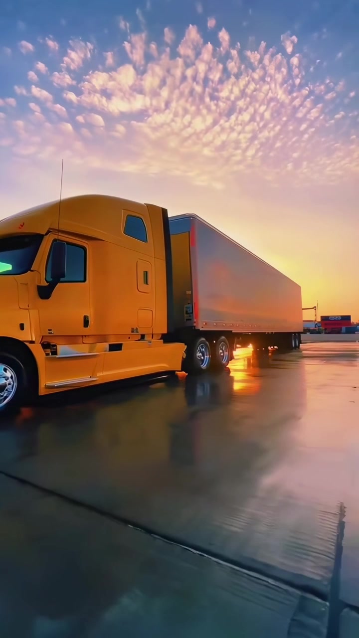 Splendido camion giallo riflesso sul terreno bagnato al tramonto