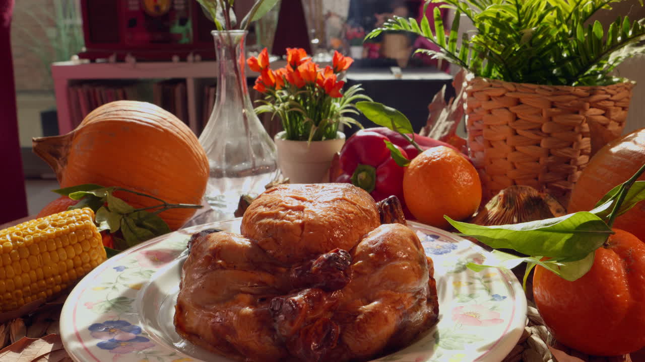 Roasted Chicken Surrounded by Autumn Harvest Vegetables and Fruits