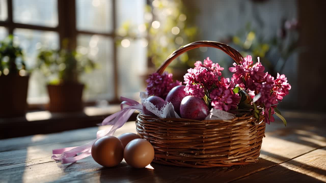 Sunlight pours through a window, casting warm glow. Woven basket holds pink flowers and decorated eggs. Three eggs rest beside the basket on a wooden surface. Natural light highlights textures