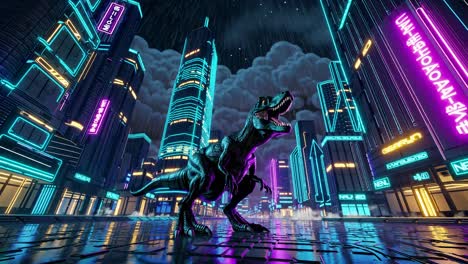 dinosaur in a neon cyberpunk city at night