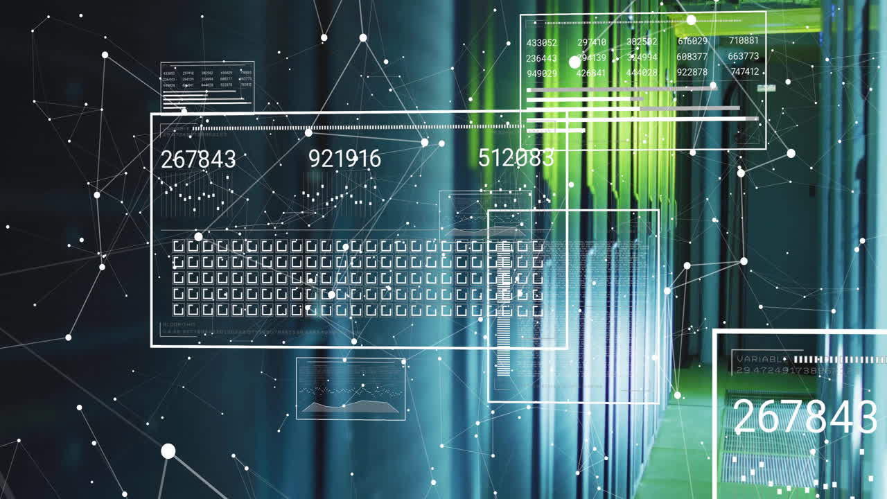 Animation of data processing and shapes over server room