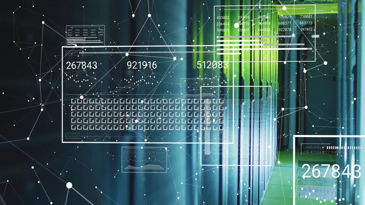 Animation of data processing and shapes over server room