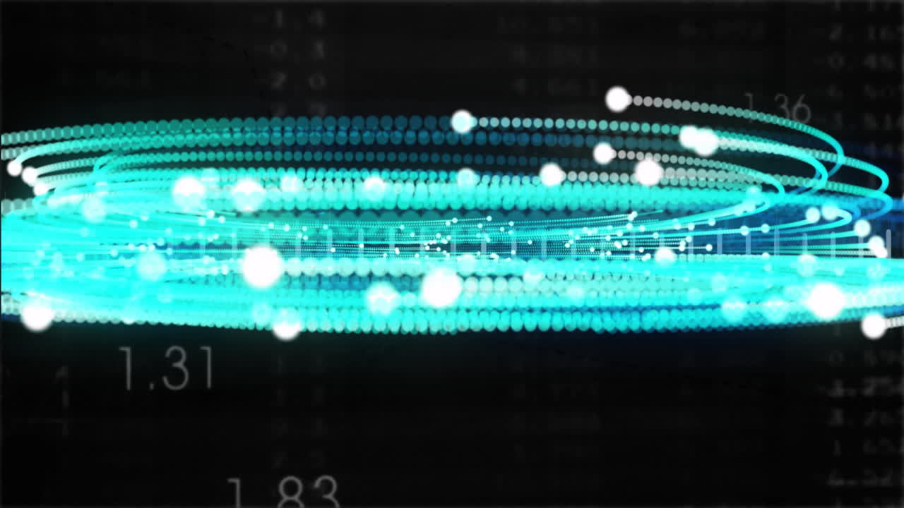 Forming dynamic spiral pattern, glowing blue and white particles over dark background