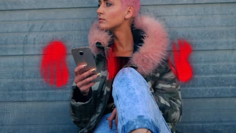 Animation-of-red-abstract-patterns-over-caucasian-hipster-woman-using-smartphone
