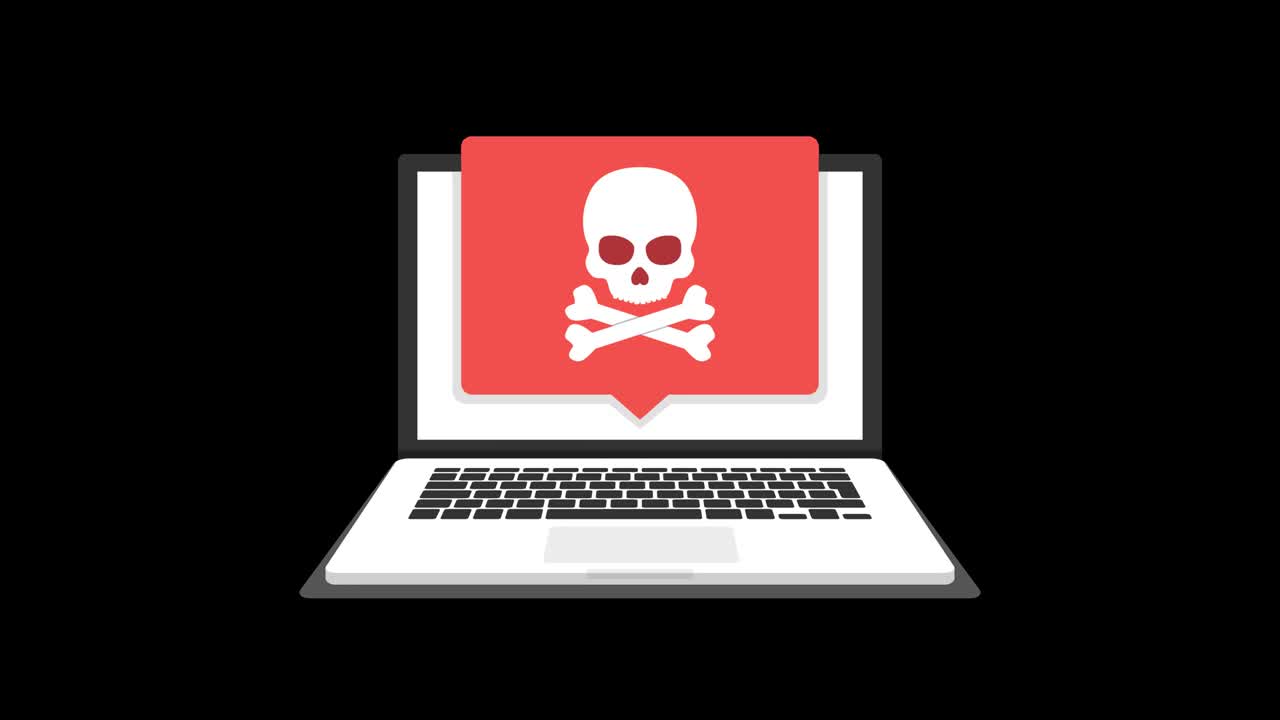 portátil con virus en la pantalla. animación de bucle en el canal alfa. resolución 4k.