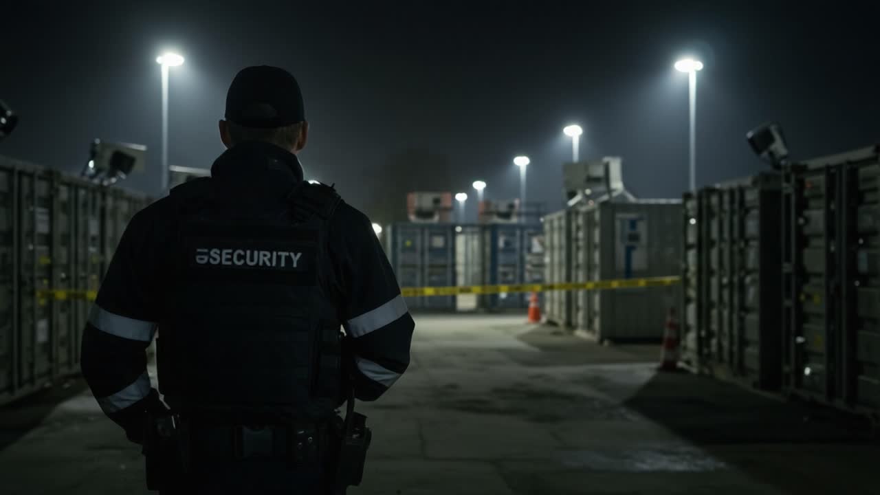 A lone security guard stands vigilant at night in a well-lit area, surrounded by storage containers and surveillance cameras, ensuring safety and control in a restricted zone