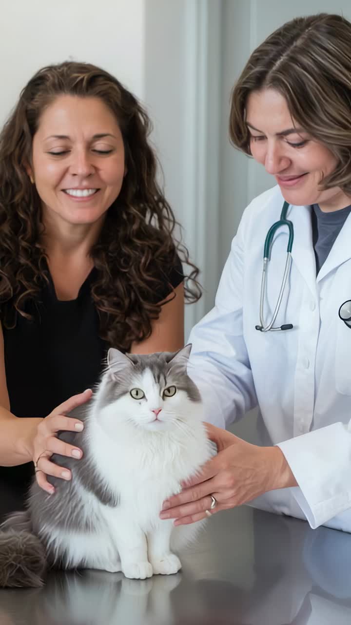 Vertical video: Placing hand, vet and owner palpating and soothing cat in clinic with stethoscope