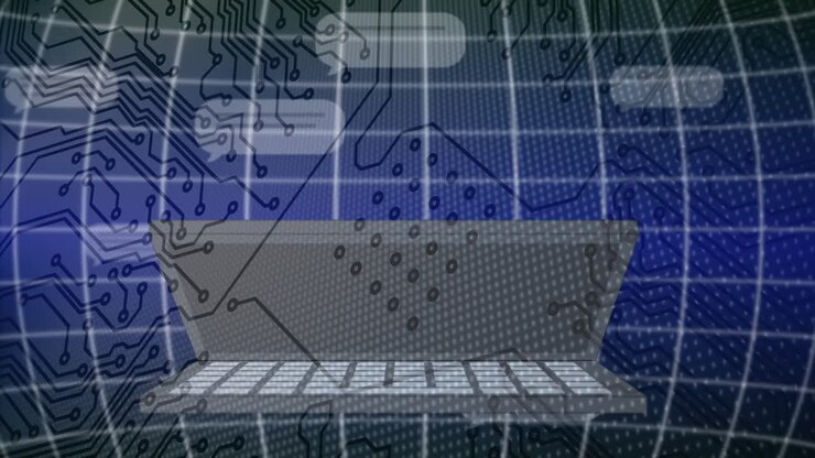 Animation of ai data processing and icons over computer screen