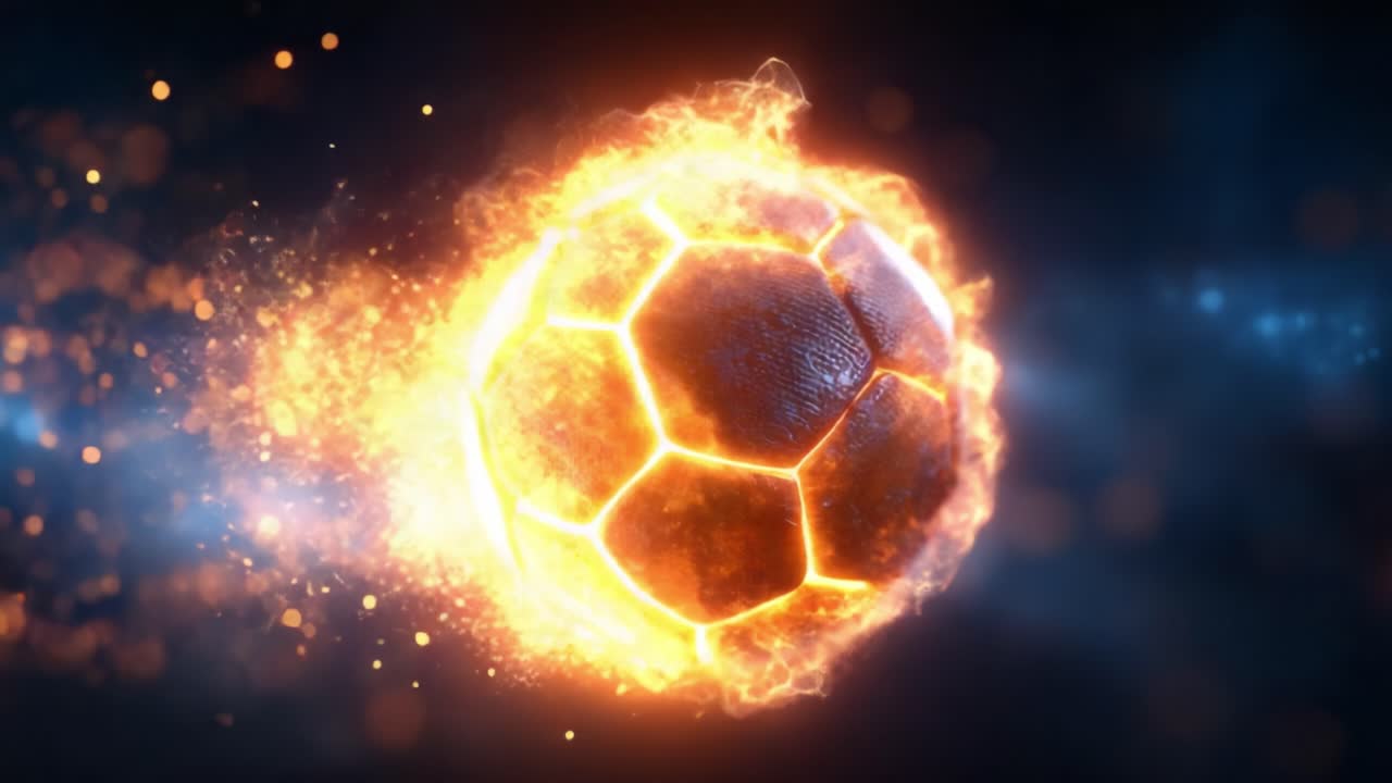 A Dynamic Visual Journey of an Explosive Sphere Transitioning from a Fiery Orb to a Glowing Soccer Ball Surrounded by Spiraling Sparks and Radiant Light