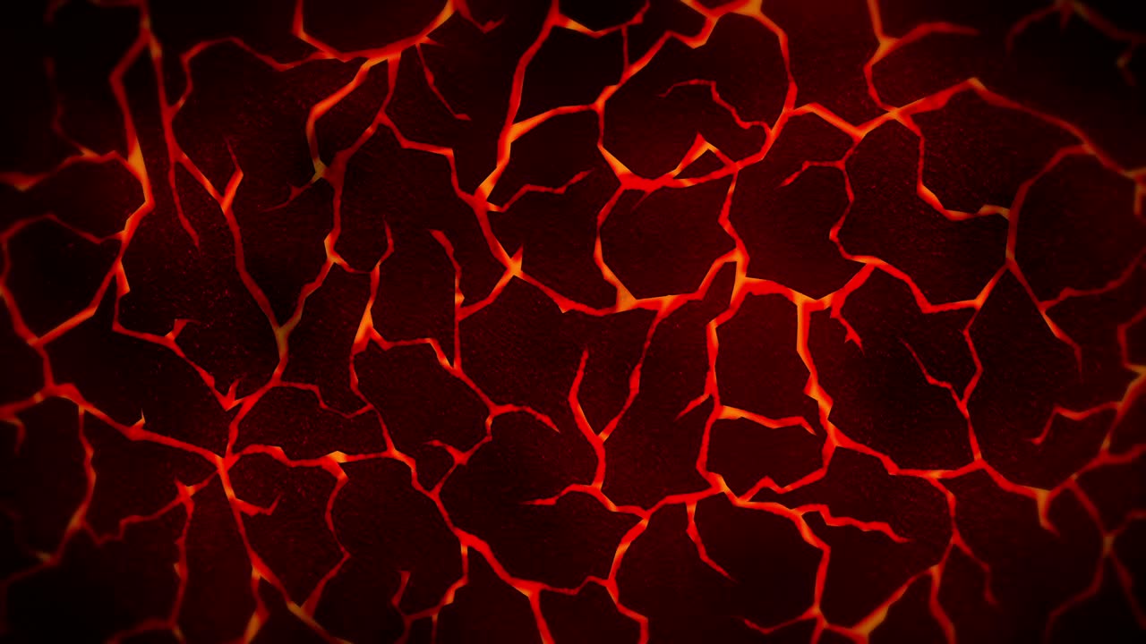 Sfondo scuro con terreno rosso crepato. Fumo, nebbia, polvere. Animazione in loop di lava fusa. Superficie terrestre. Pavimento rovente