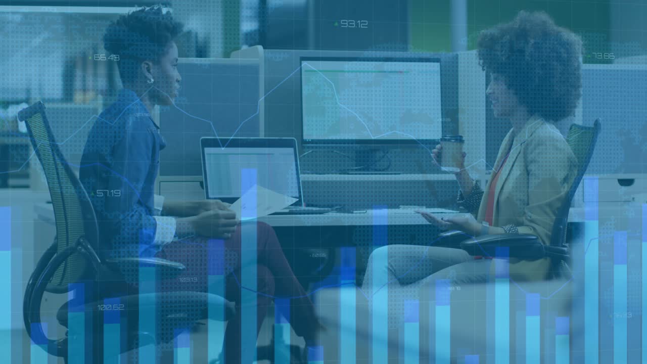 Person 2 gesturing at monitor documents, overlaying bar chart, grid and line graph during meeting