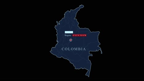 blue stylized colombia map with bogotá capital city and geographic coordinates on black background