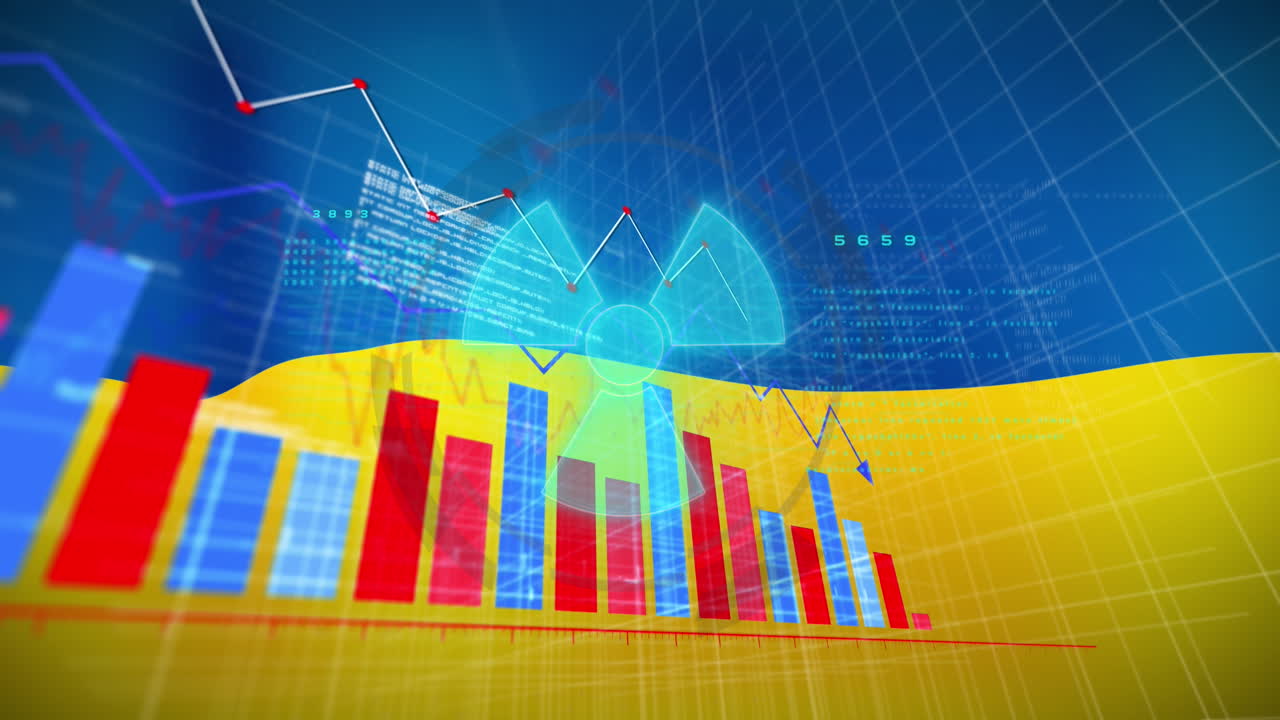 animación del procesamiento de datos y el símbolo nuclear sobre la bandera de ucrania