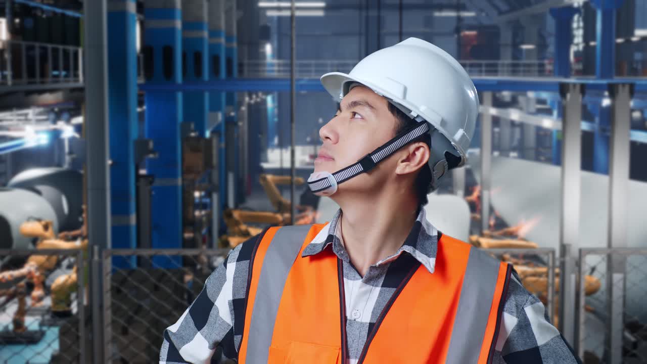 풍력 터빈을 제조하는 공장에서 안전 헬을 착용한 아시아 남성 엔지니어가 팔을 고 서서 주위를 둘러보며 확인하고 있다.