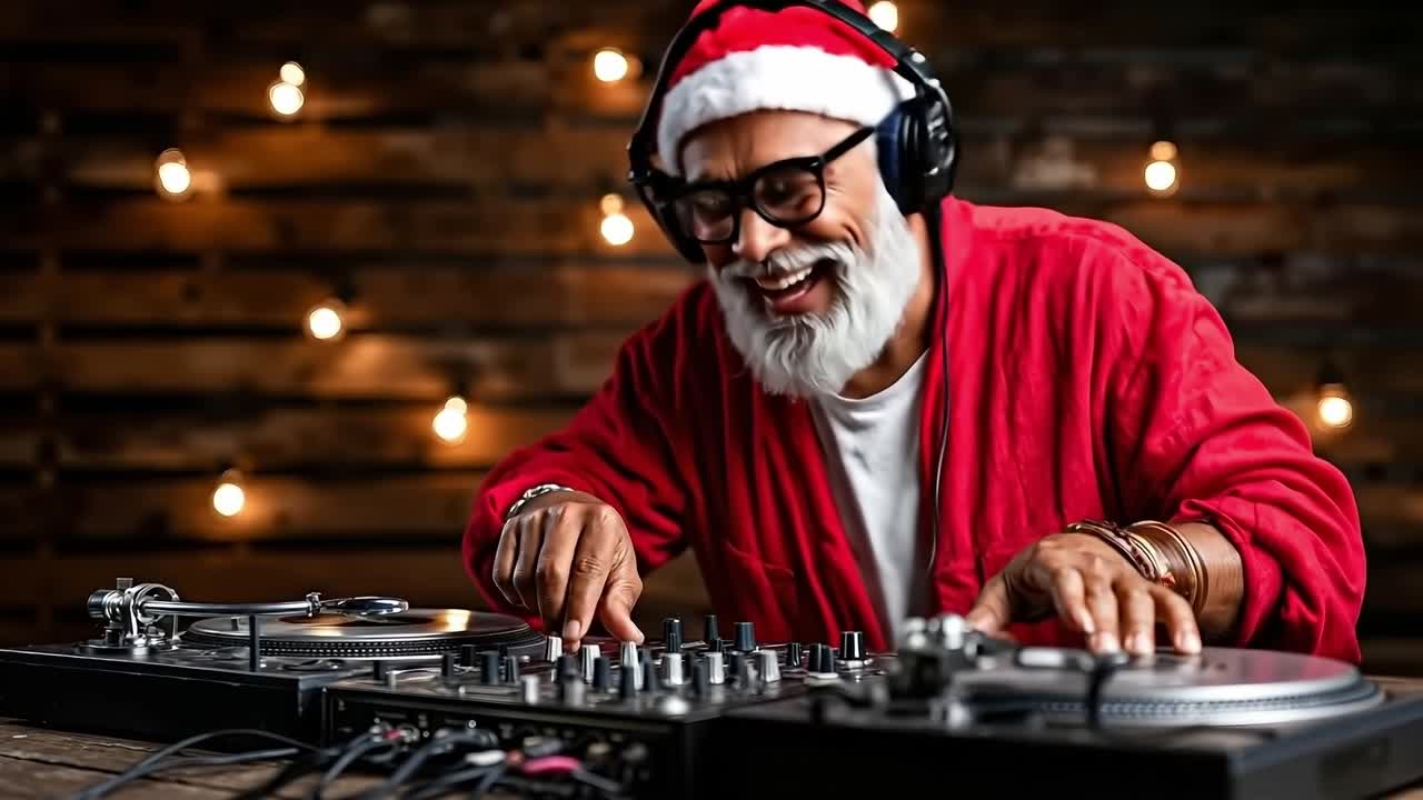 A man in a santa claus outfit playing a dj set with headphones on