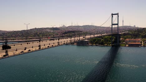 15 july martyrs bridge, bosphorus bridge from sky aerial view. istanbul turkiye.