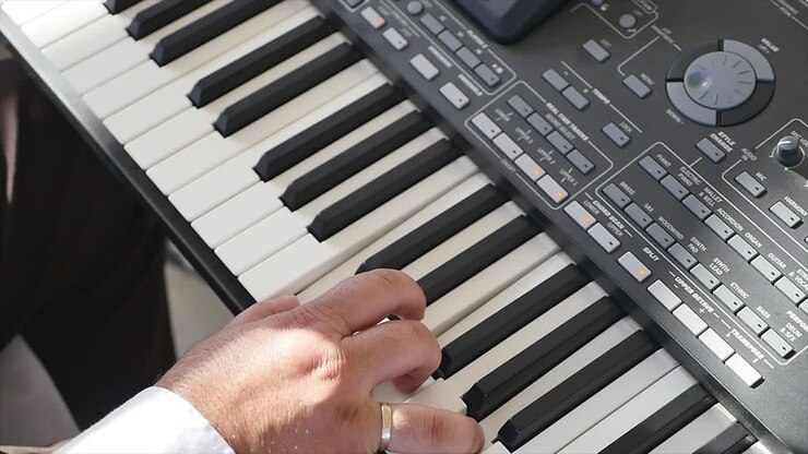 Close-up of a piano player hands playing on keyboard. Men's hands on the keyboard of the piano. Hand playing on piano. Street piano
