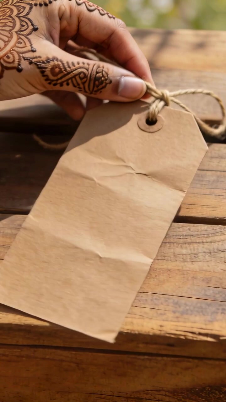 Video verticale: Una mano destra con henné che entra nell'inquadratura, tirando un nodo per sistemare l'anello di un'etichetta di carta kraft su un tavolo illuminato dal sole