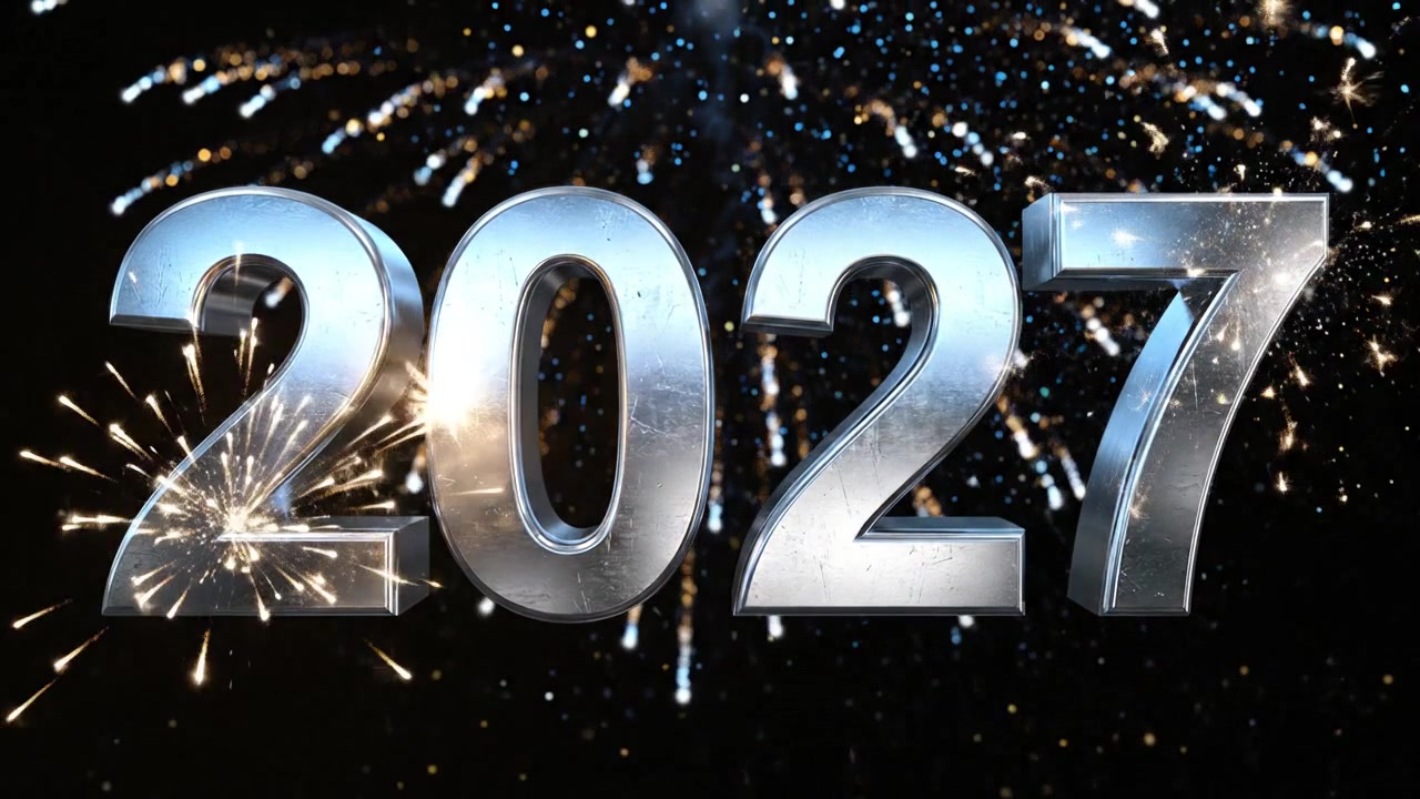 Animazione del numero Capodanno 2027 con testo metallico blu e bianco su sfondo scuro
