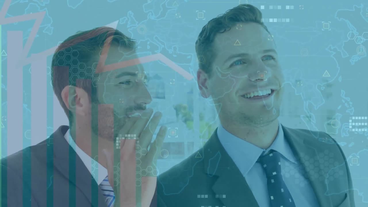 데이터 처리 및 세계 지도의 애니메이션 비즈니스맨이 다른 비즈니스맨의 귀에 속삭이는