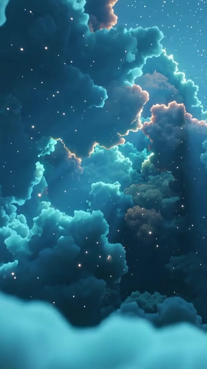 Vertical video: Arch opening teal-blue clouds revealing inner star field and rim light above