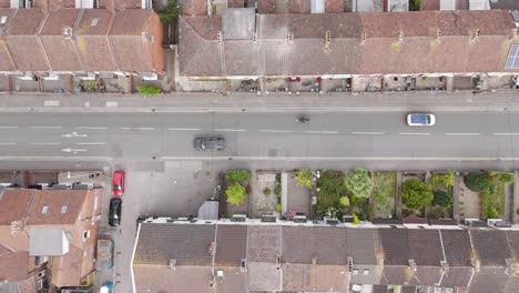 aerial top-down view of a residential street with terraced houses
