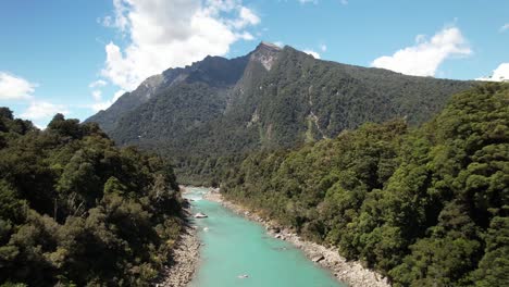 Pristine-water-of-Copland-river,-native-forest-and-mountain-vista