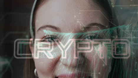 crypto text animation over close-up of smiling person with digital effects