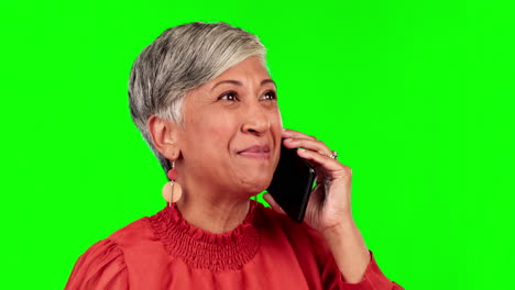 Phone-call,-happy-and-senior-woman-on-green-screen