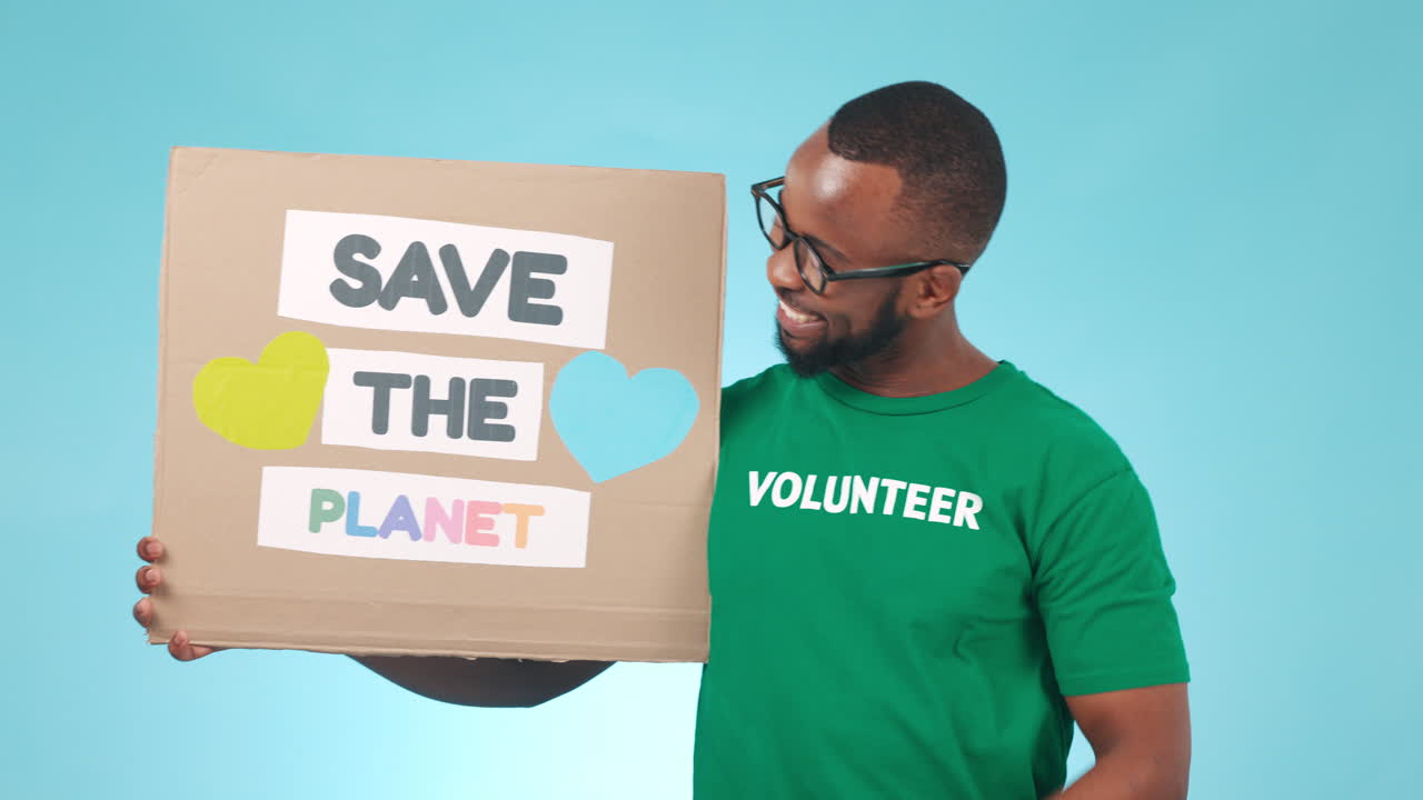 Black man, pointing and climate change poster