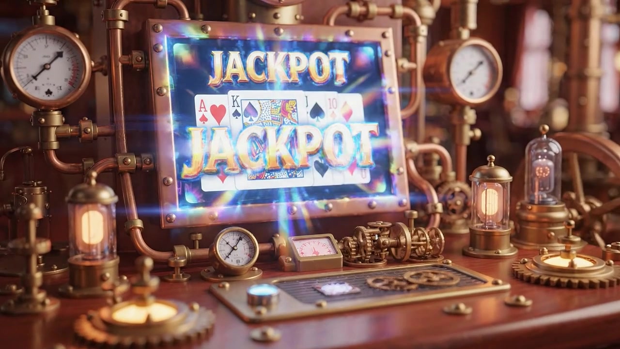 ゲーマー向けの、ジャックポット表示を備え、ビンテージの計器、パイプ、そして魅惑的なアニメーション背景が完備された精巧なスチームパンクゲーミングマシン。