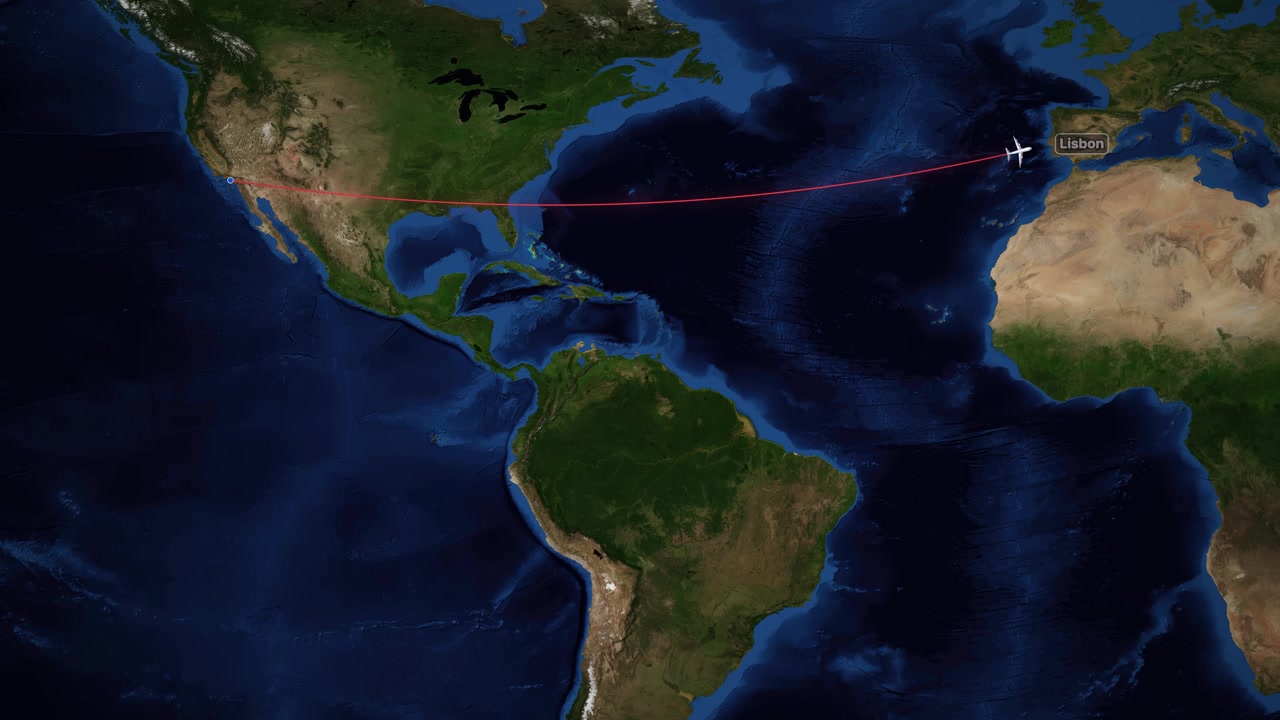 Satellite world map animation shows a plane flying from Los Angeles to Lisbon across Atlantic