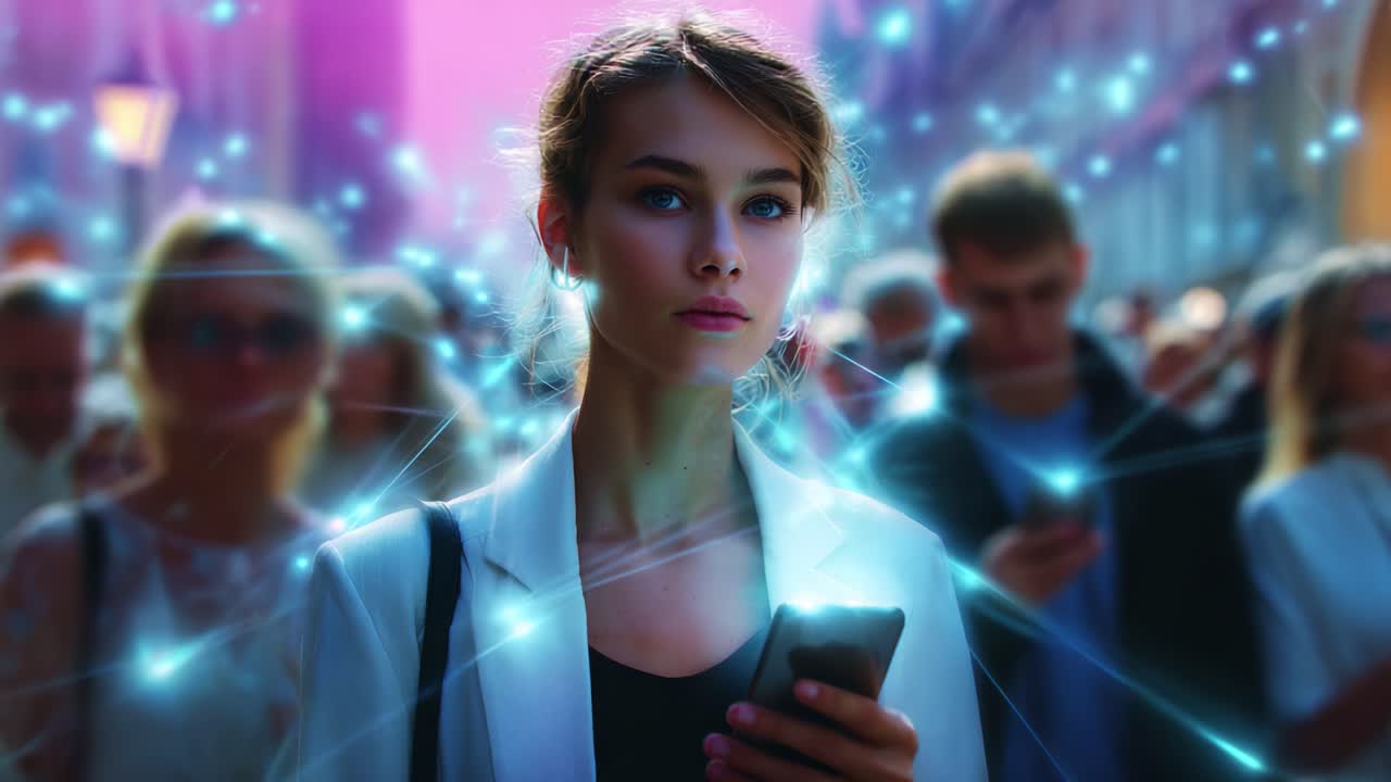 A Young Woman in a Crowded Urban Street Engaged with Her Smartphone, Surrounded by Blurred Figures, Depicting the Contrast Between Individual Connection and Collective Distraction in Modern Society