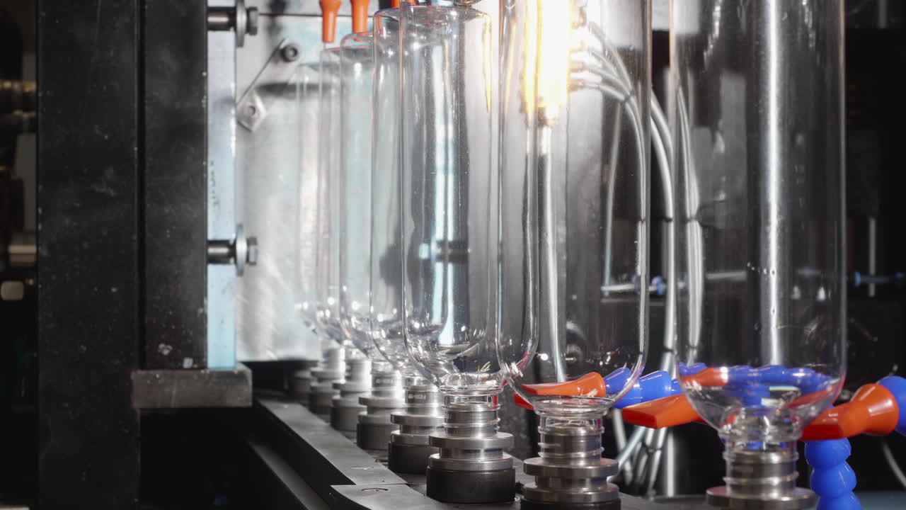 A closeup shot on the plastic bottles being moulded and getting the designed shape