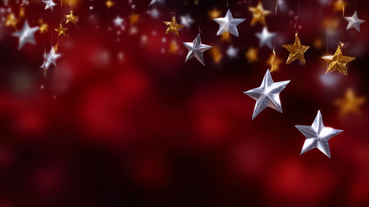 Una rappresentazione festiva di stelle dorate e argentate luccicanti appese su un ricco sfondo rosso, che cattura perfettamente lo spirito di festa e gioia durante le occasioni speciali