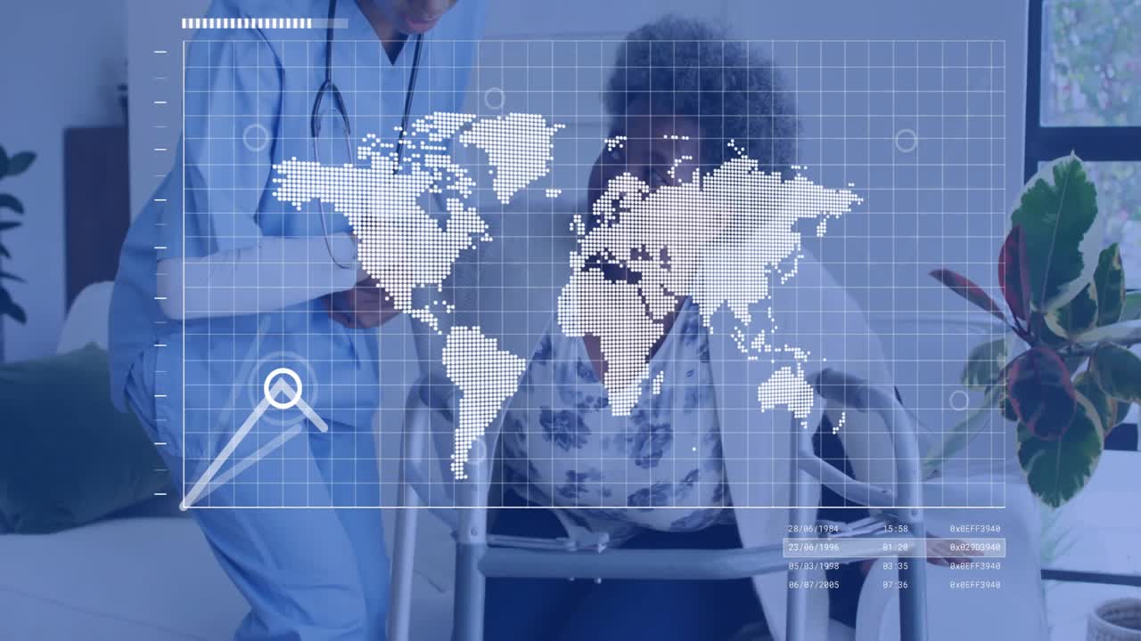 Cuidadora guiando a una paciente con un andador en el salón, mostrando una superposición de un mapa digital de salud