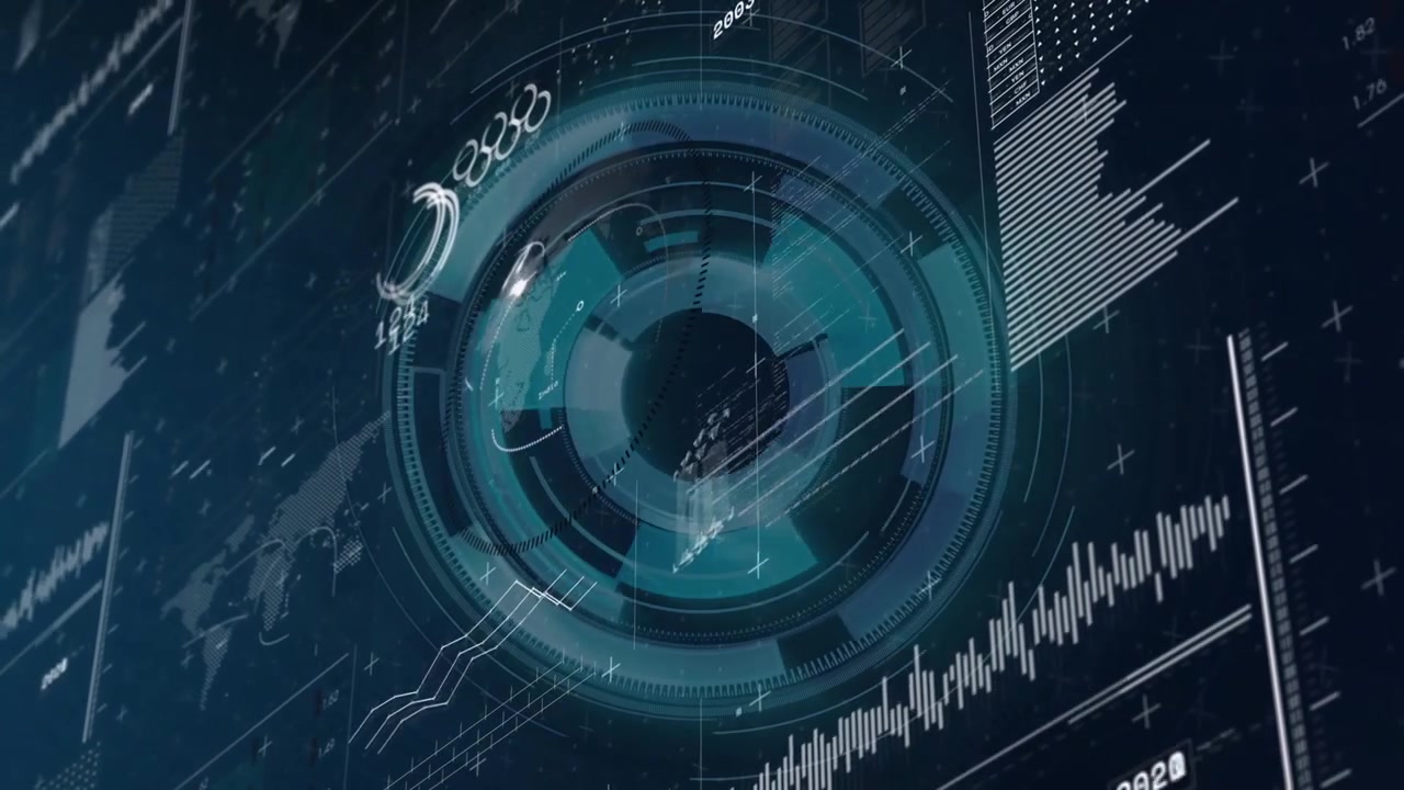 On load central HUD spinning clockwise, sheen sweeping, rings shifting, charts rising showing data